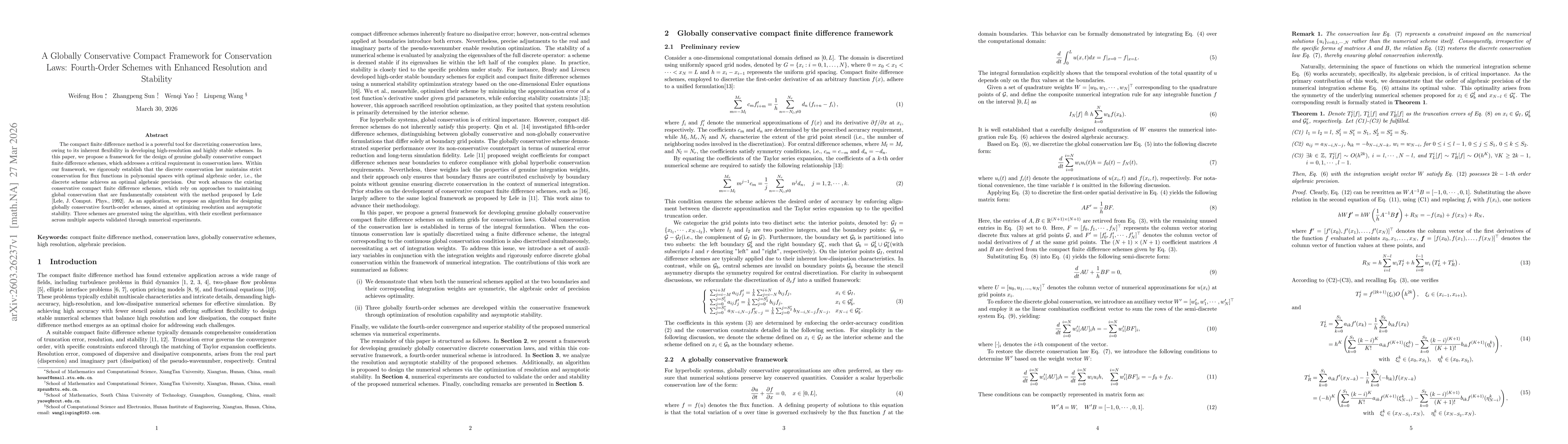 Thumbnail for A Globally Conservative Compact Framework for Conservation Laws: Fourth-Order Schemes with Enhanced Resolution and Stability