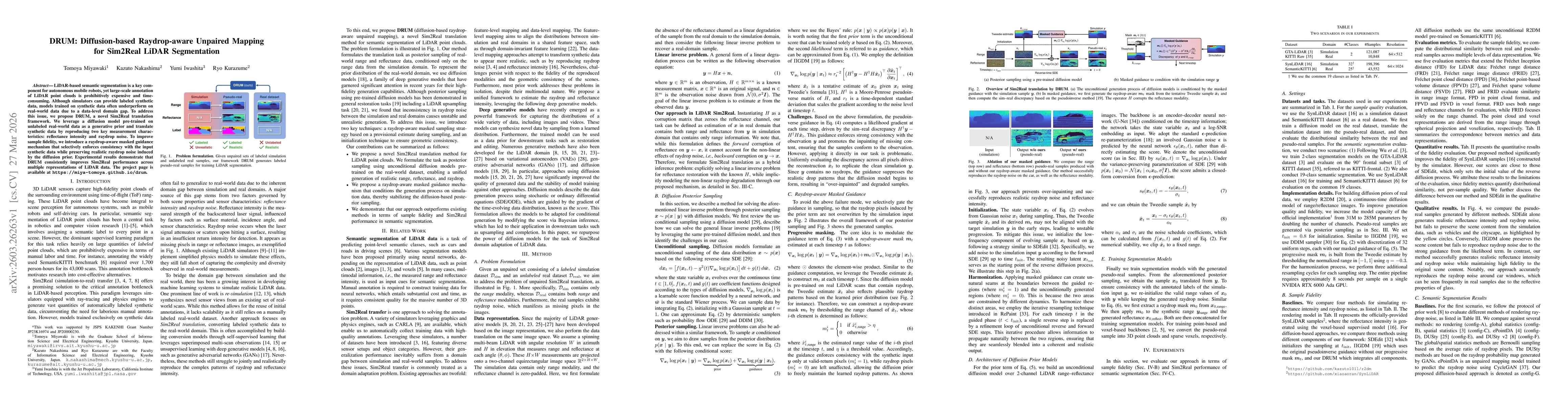 Thumbnail for DRUM: Diffusion-based Raydrop-aware Unpaired Mapping for Sim2Real LiDAR Segmentation