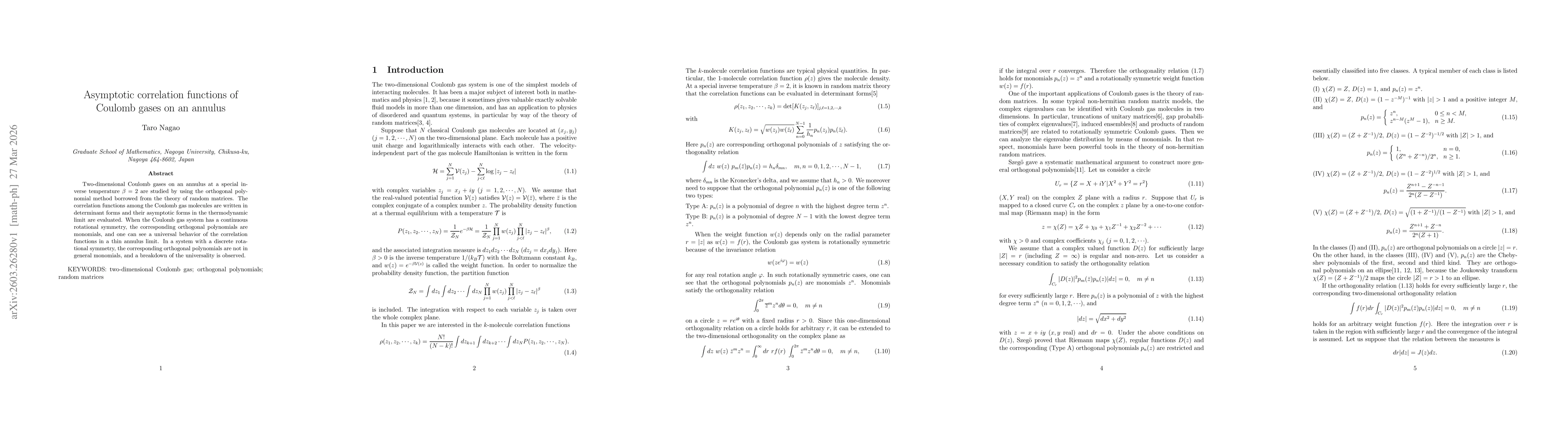 Thumbnail for Asymptotic correlation functions of Coulomb gases on an annulus