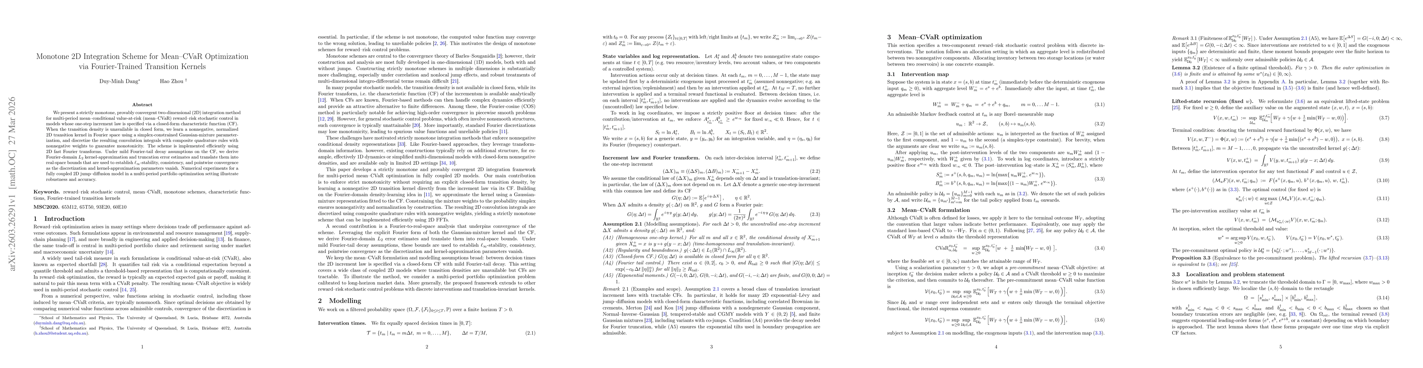 Thumbnail for Monotone 2D Integration Scheme for Mean-CVaR Optimization via Fourier-Trained Transition Kernels