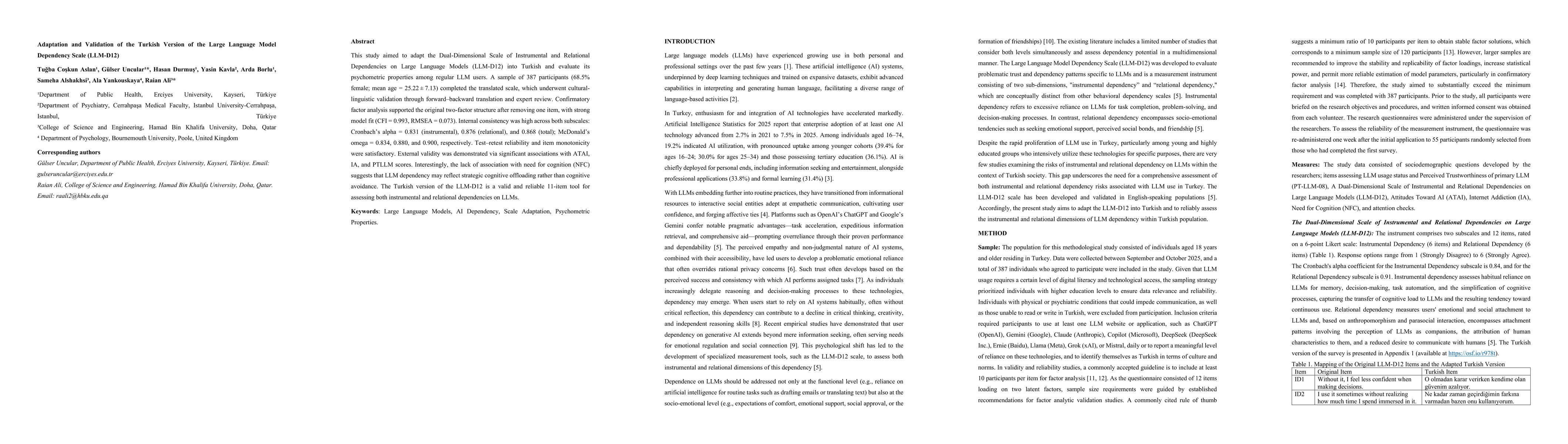 Thumbnail for Adaptation and Validation of the Turkish Version of the Large Language Model Dependency Scale (LLM-D12)