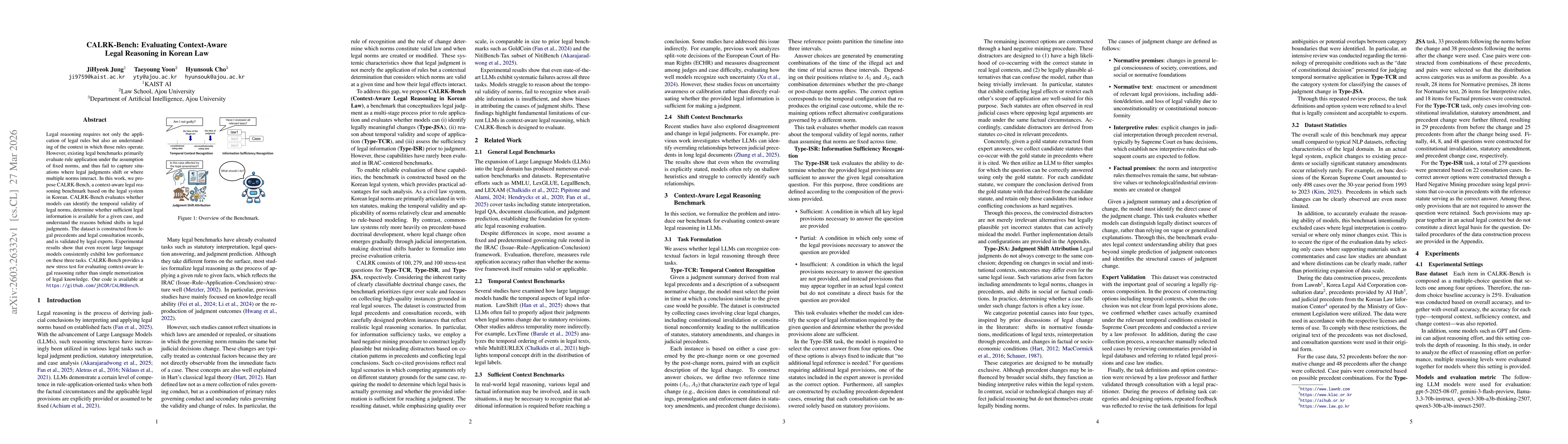 Thumbnail for CALRK-Bench: Evaluating Context-Aware Legal Reasoning in Korean Law