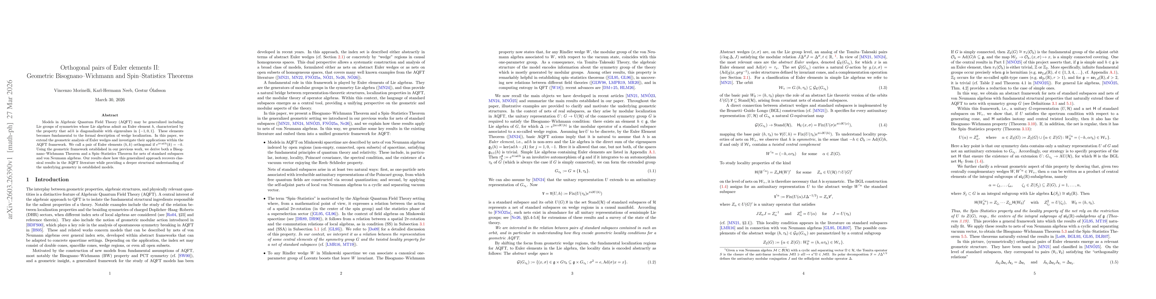 Thumbnail for Orthogonal pairs of Euler elements II: Geometric Bisognano--Wichmann and Spin--Statistics Theorems