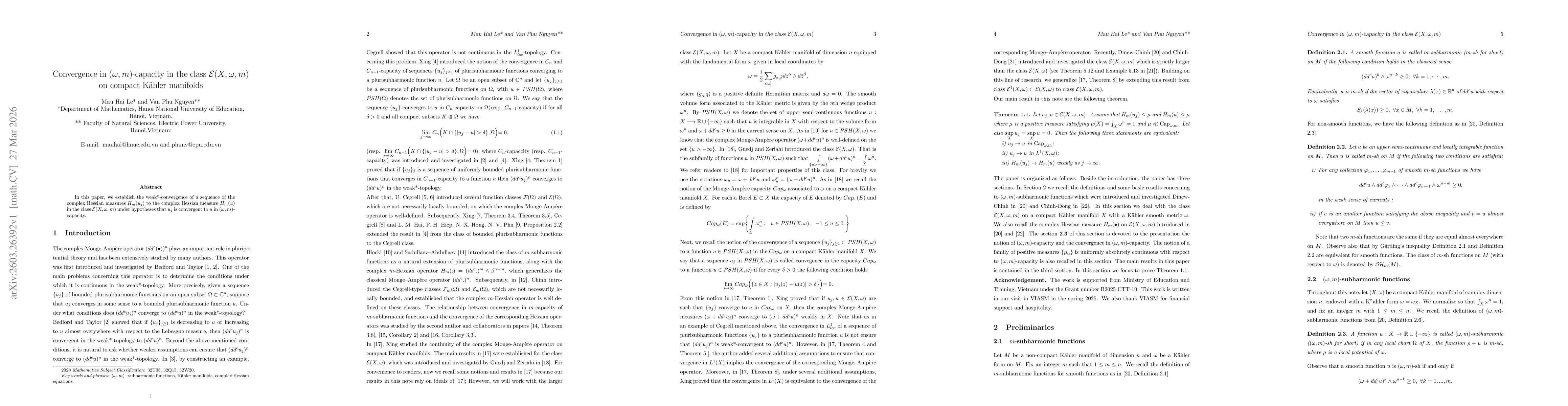 Thumbnail for Convergence in $(ω,m)$-capacity in the class $\mathcal{E}(X, ω,m)$ on compact Kähler manifolds