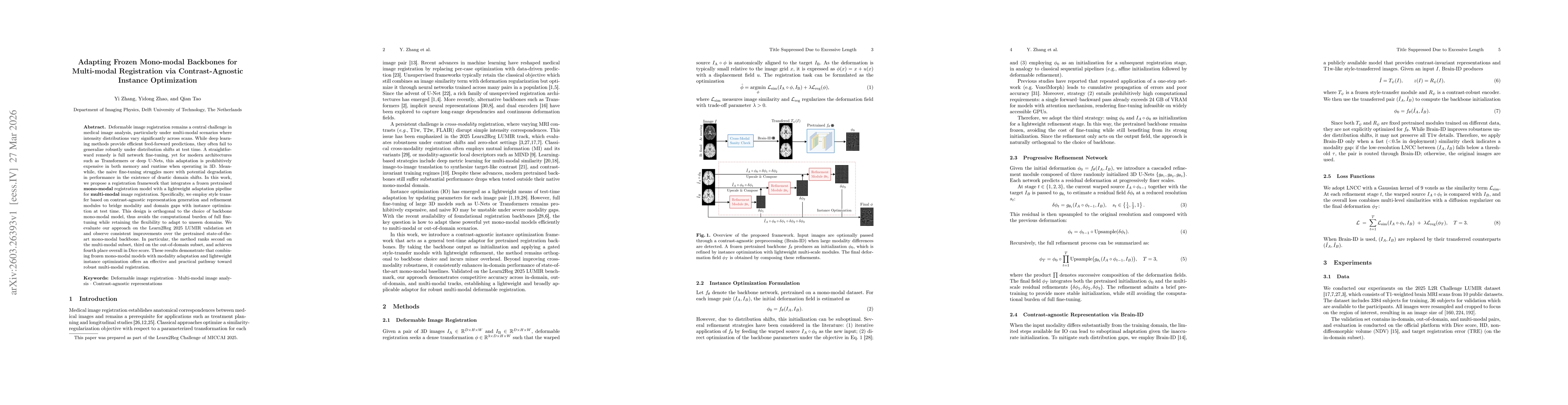Thumbnail for Adapting Frozen Mono-modal Backbones for Multi-modal Registration via Contrast-Agnostic Instance Optimization