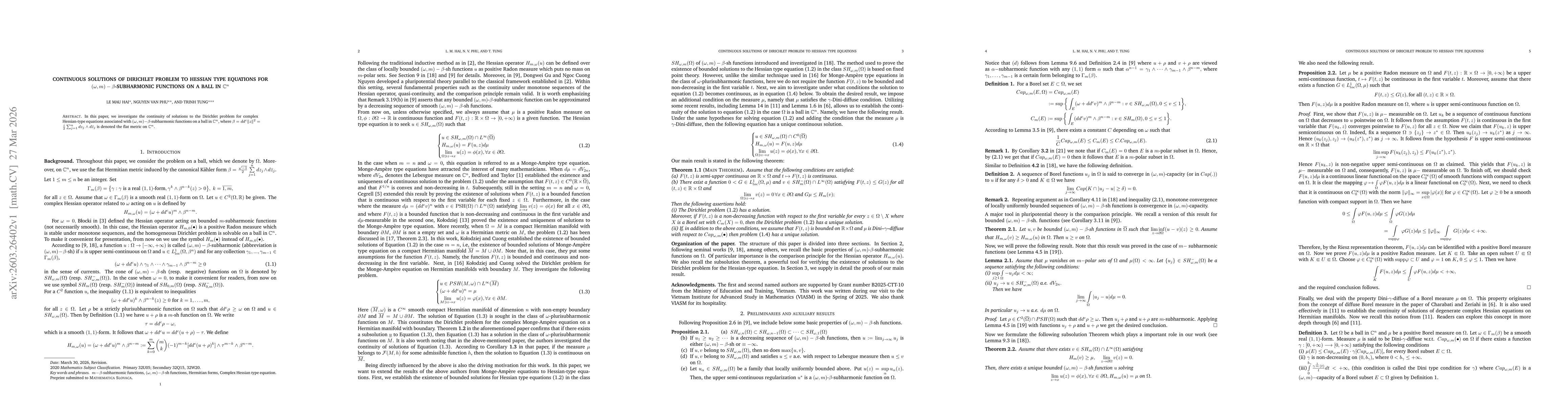 Thumbnail for Continuous solutions of Dirichlet problem to Hessian type equations for $(ω,m)-β$-subharmonic functions on a ball in $\mathbb{C}^n$