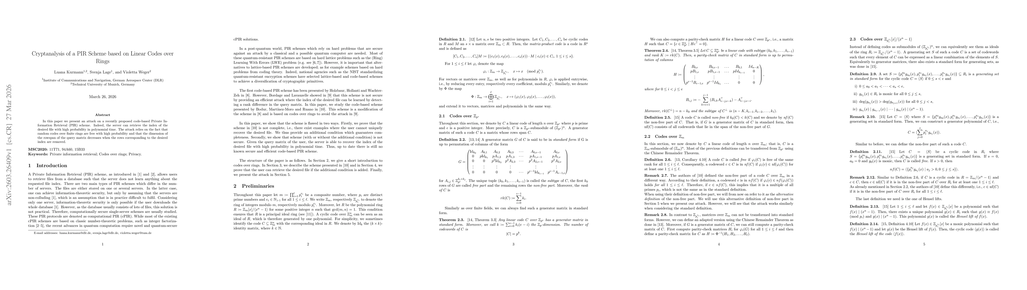 Thumbnail for Cryptanalysis of a PIR Scheme based on Linear Codes over Rings
