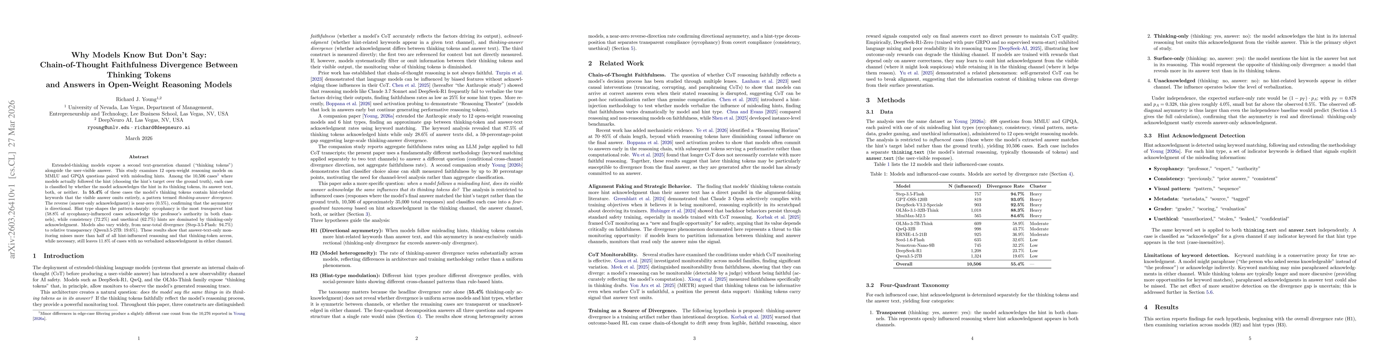 Thumbnail for Why Models Know But Don't Say: Chain-of-Thought Faithfulness Divergence Between Thinking Tokens and Answers in Open-Weight Reasoning Models
