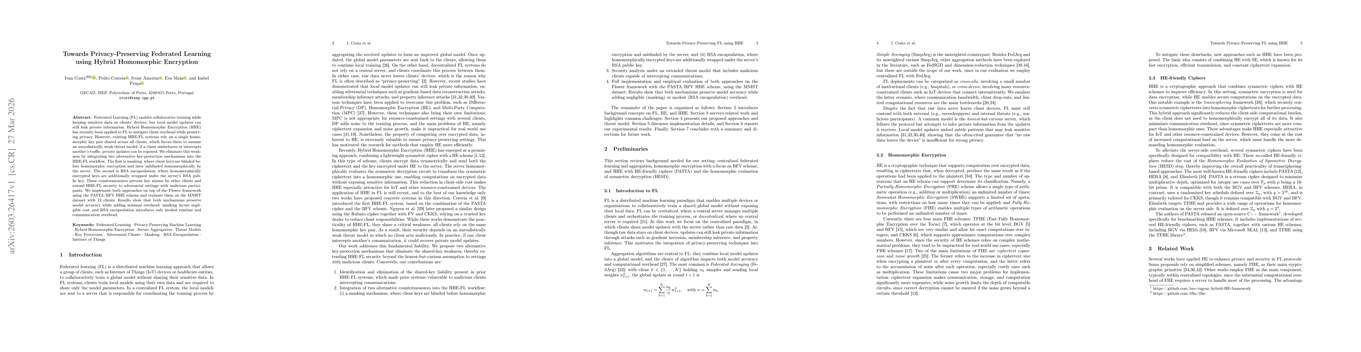 Thumbnail for Towards Privacy-Preserving Federated Learning using Hybrid Homomorphic Encryption