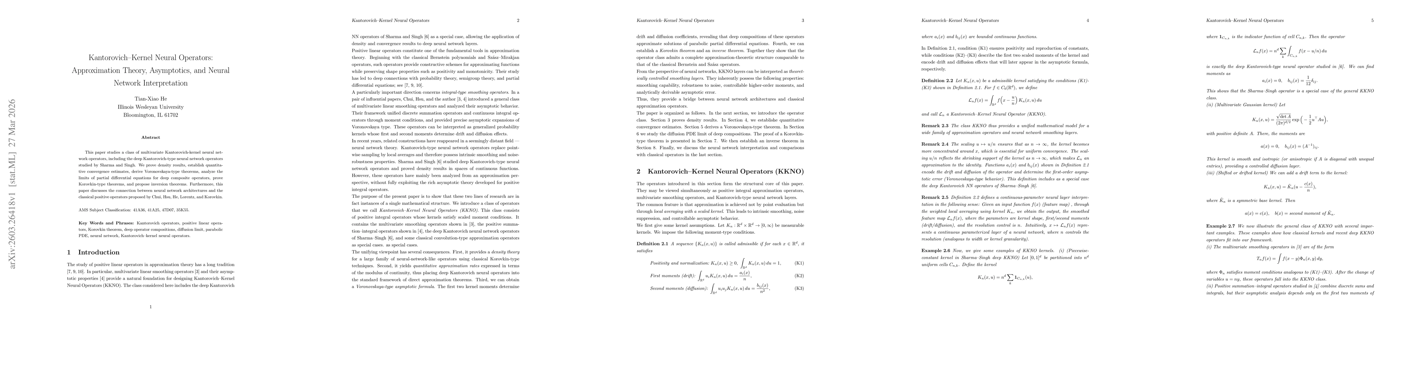 Thumbnail for Kantorovich--Kernel Neural Operators: Approximation Theory, Asymptotics, and Neural Network Interpretation