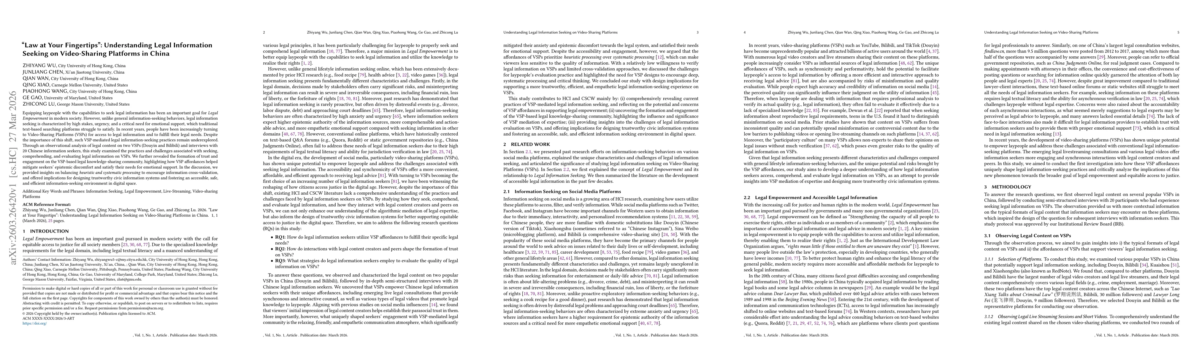 Thumbnail for "Law at Your Fingertips": Understanding Legal Information Seeking on Video-Sharing Platforms in China