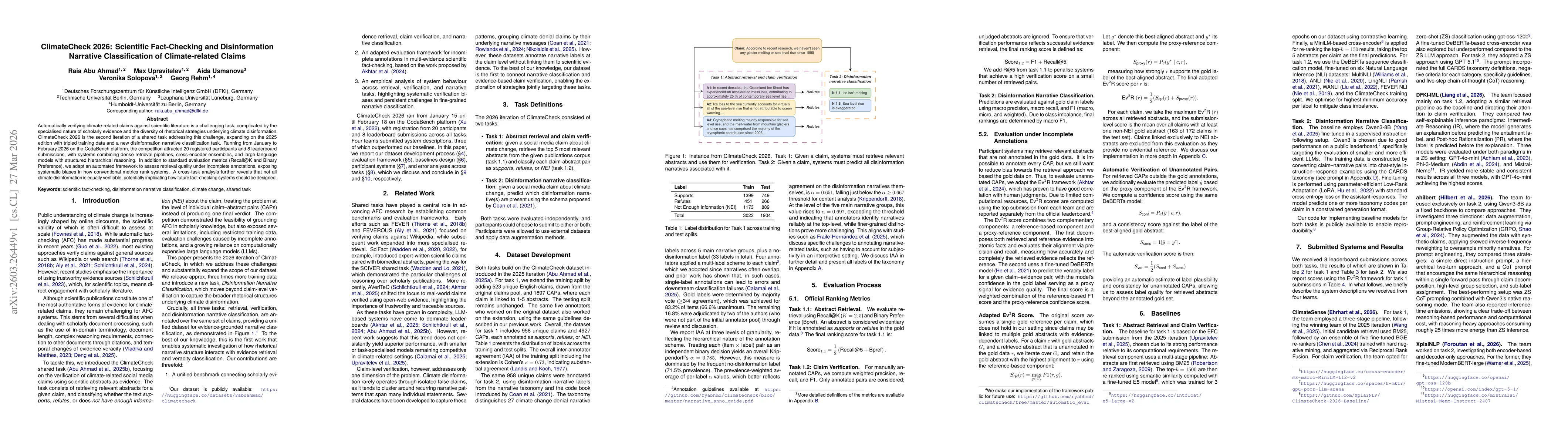 Thumbnail for ClimateCheck 2026: Scientific Fact-Checking and Disinformation Narrative Classification of Climate-related Claims
