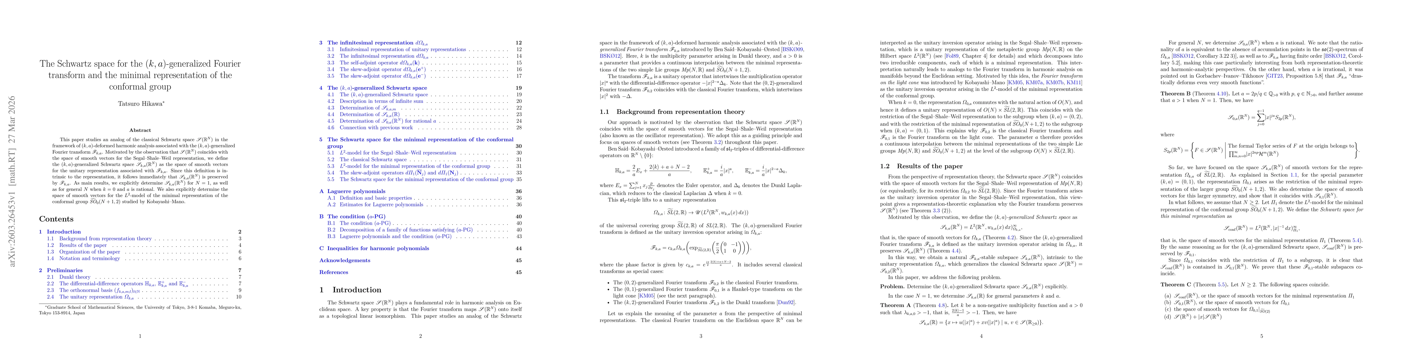 Thumbnail for The Schwartz space for the $ (k, a) $-generalized Fourier transform and the minimal representation of the conformal group