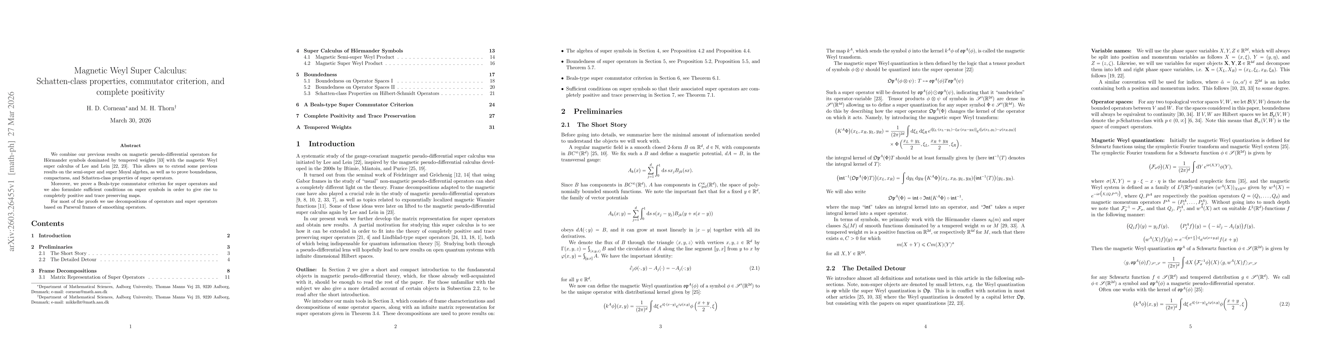 Thumbnail for Magnetic Weyl Super Calculus: Schatten-class properties, commutator criterion, and complete positivity