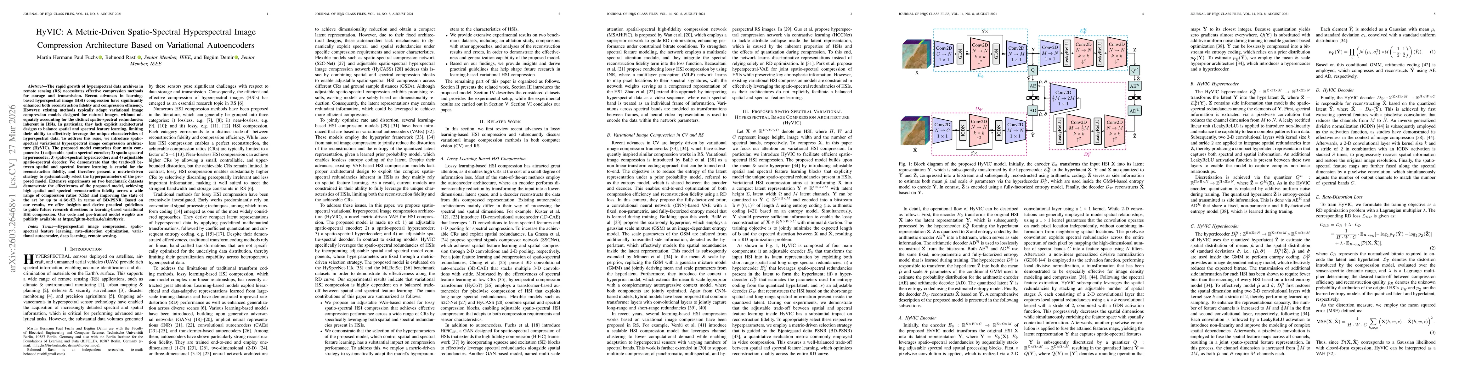 Thumbnail for HyVIC: A Metric-Driven Spatio-Spectral Hyperspectral Image Compression Architecture Based on Variational Autoencoders