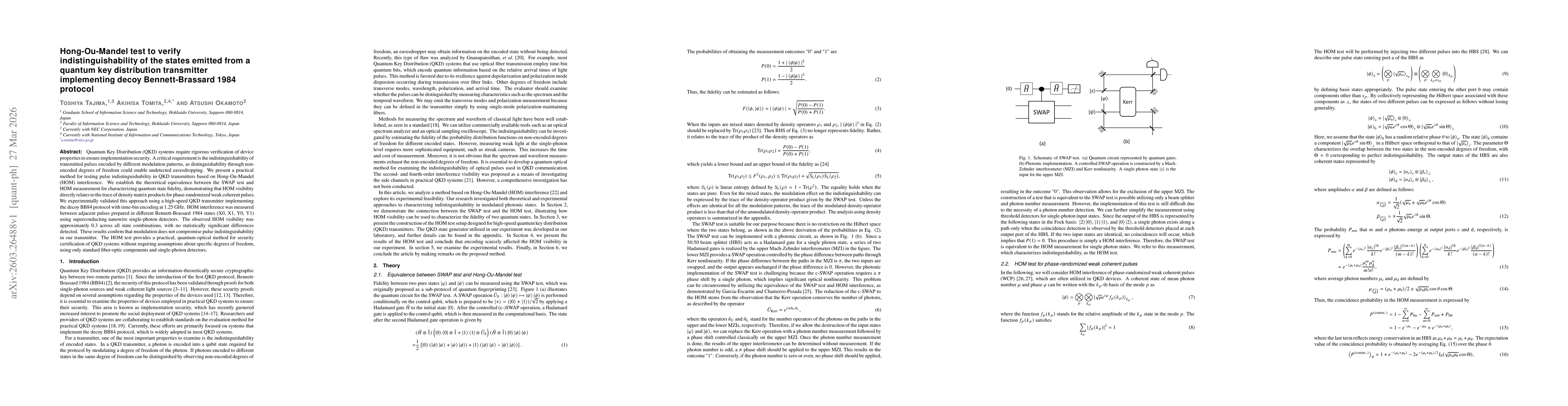 Thumbnail for Hong-Ou-Mandel test to verify indistinguishability of the states emitted from a quantum key distribution transmitter implementing decoy Bennett-Brassard 1984 protocol