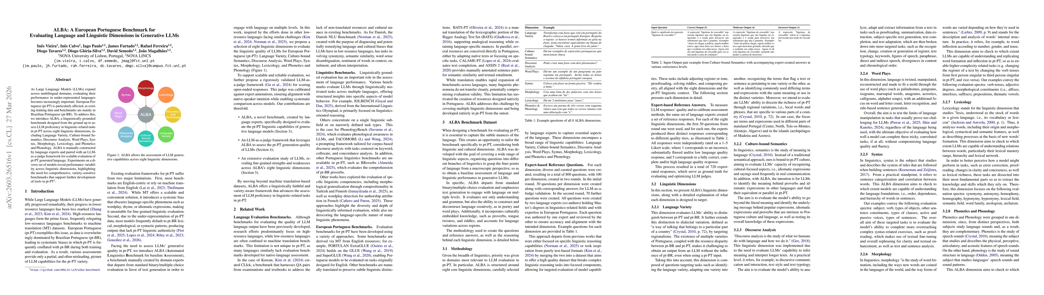 Thumbnail for ALBA: A European Portuguese Benchmark for Evaluating Language and Linguistic Dimensions in Generative LLMs