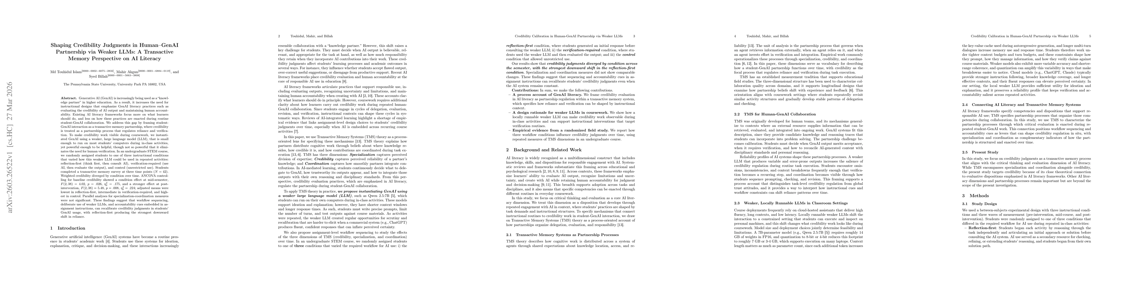 Thumbnail for Shaping Credibility Judgments in Human-GenAI Partnership via Weaker LLMs: A Transactive Memory Perspective on AI Literacy
