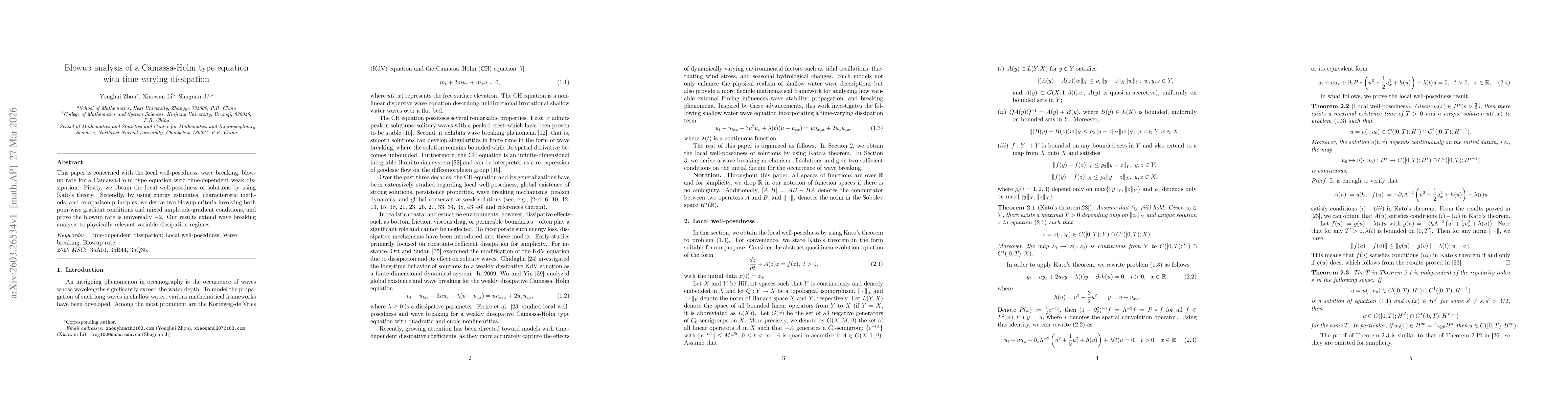 Thumbnail for Blowup analysis of a Camassa-Holm type equation with time-varying dissipation