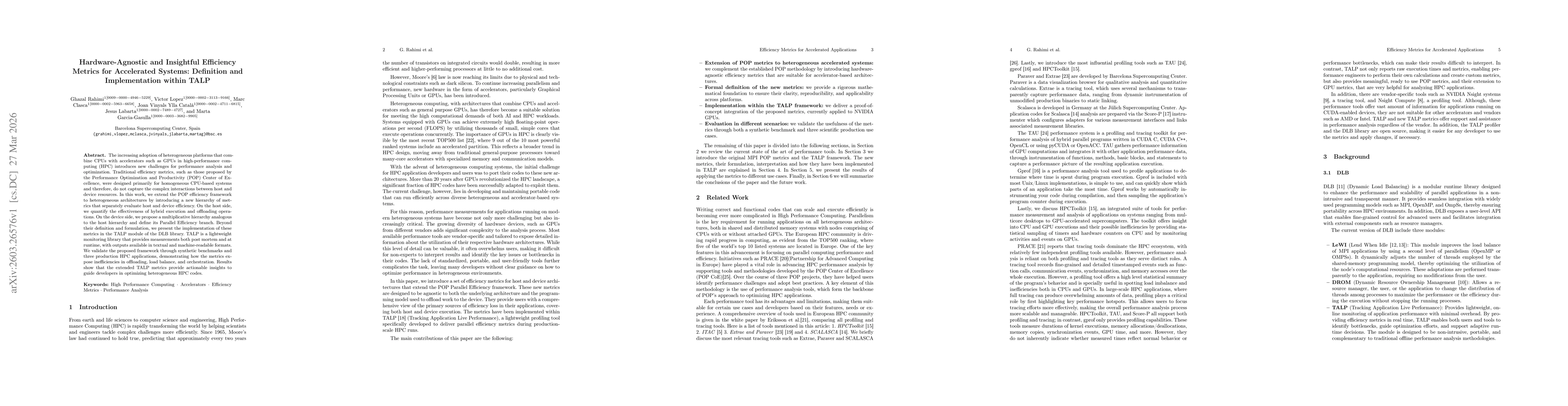 Thumbnail for Hardware-Agnostic and Insightful Efficiency Metrics for Accelerated Systems: Definition and Implementation within TALP