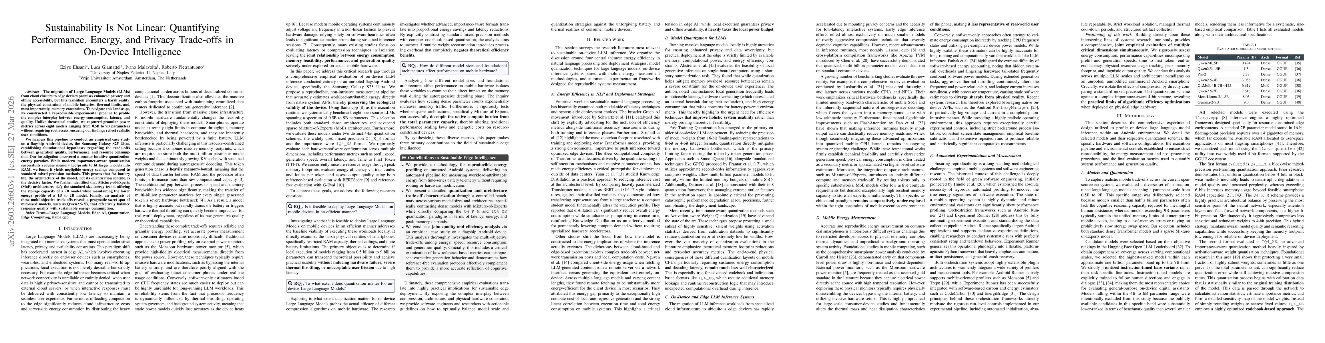 Thumbnail for Sustainability Is Not Linear: Quantifying Performance, Energy, and Privacy Trade-offs in On-Device Intelligence