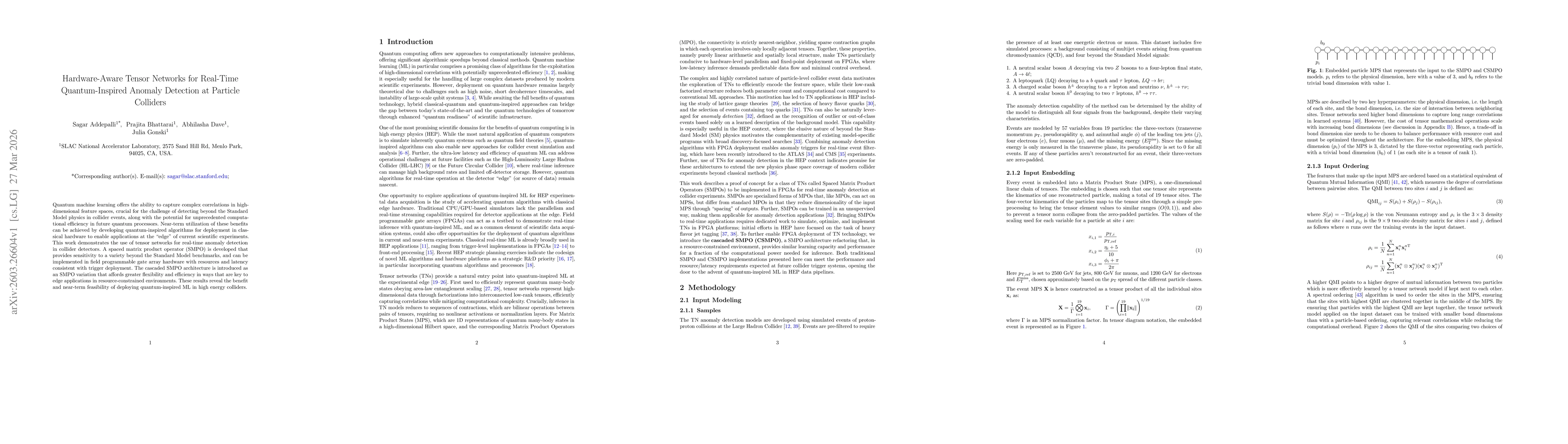 Thumbnail for Hardware-Aware Tensor Networks for Real-Time Quantum-Inspired Anomaly Detection at Particle Colliders