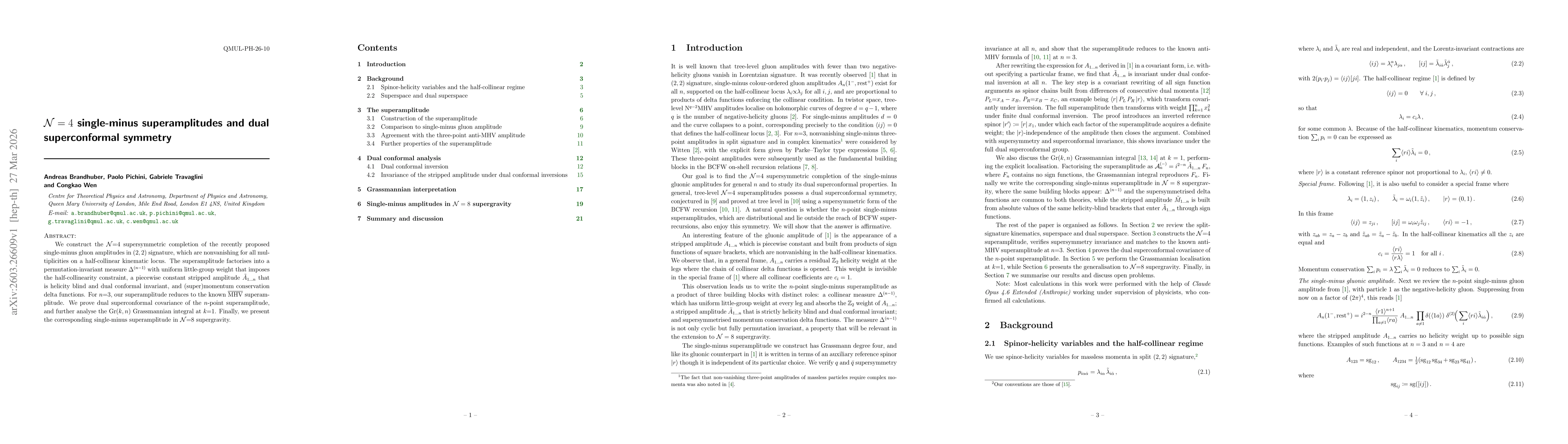 Thumbnail for $\mathcal{N}=4$ single-minus superamplitudes and dual superconformal symmetry