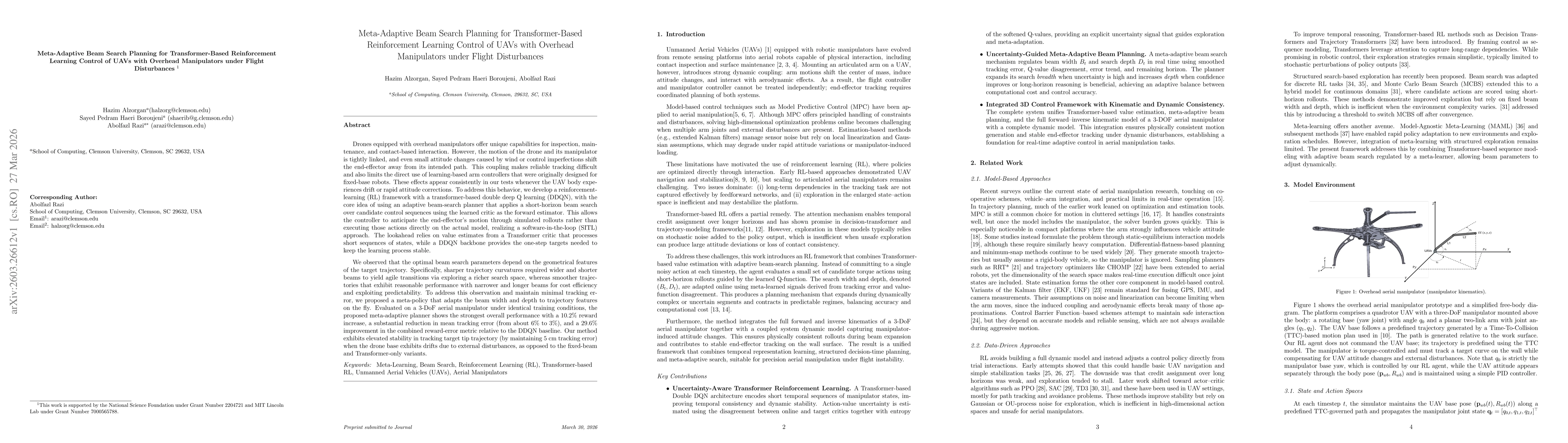 Thumbnail for Meta-Adaptive Beam Search Planning for Transformer-Based Reinforcement Learning Control of UAVs with Overhead Manipulators under Flight Disturbances