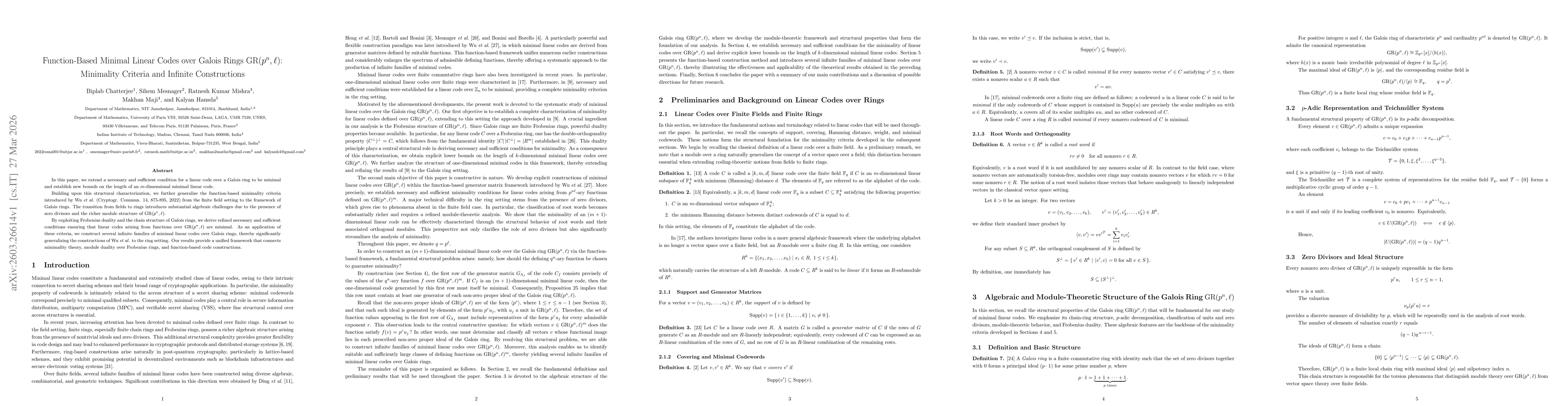 Thumbnail for Function-Based Minimal Linear Codes over Galois Rings $\mathrm{GR}(p^{n}, \ell)$: Minimality Criteria and Infinite Constructions
