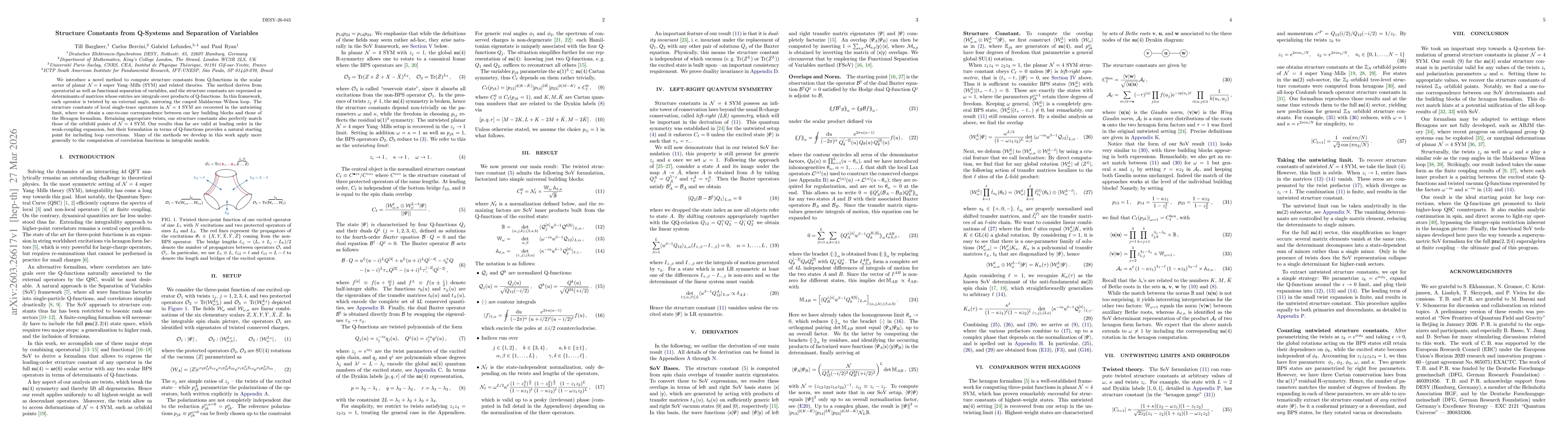 Thumbnail for Structure Constants from Q-Systems and Separation of Variables
