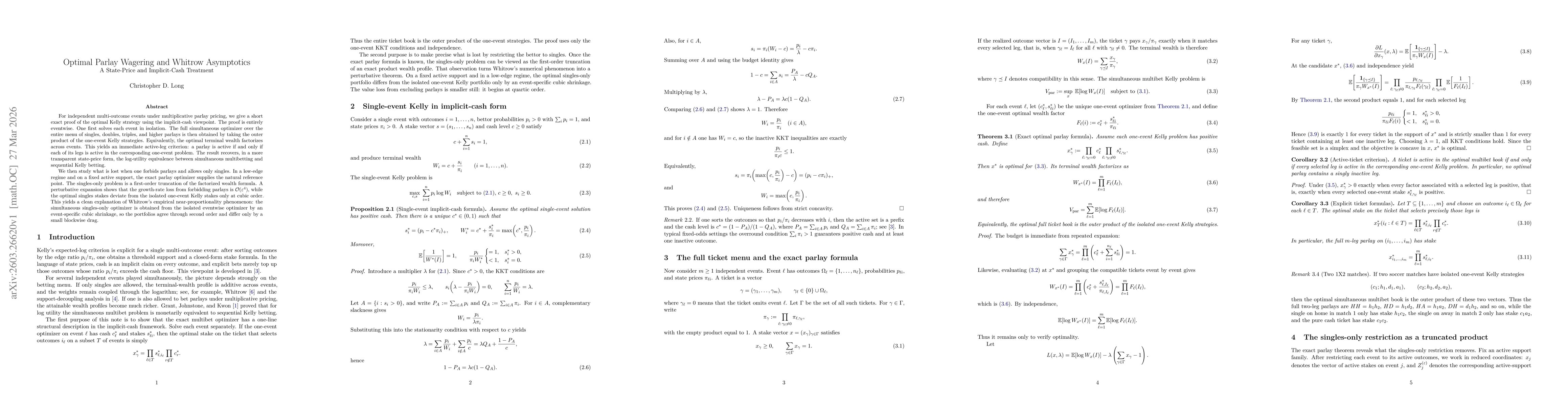 Thumbnail for Optimal Parlay Wagering and Whitrow Asymptotics: A State-Price and Implicit-Cash Treatment
