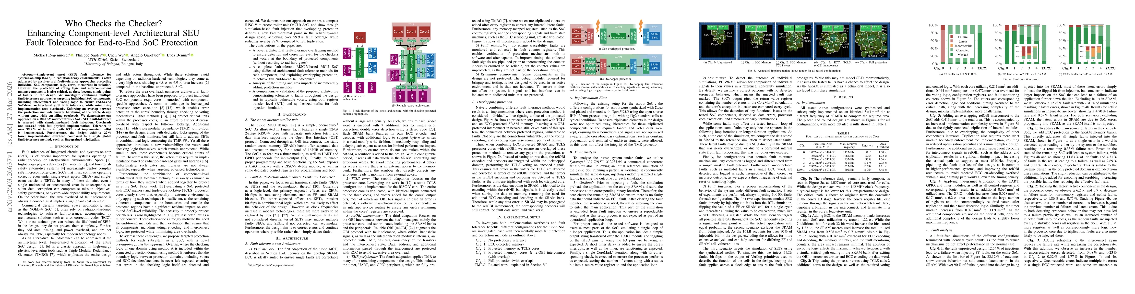 Thumbnail for Who Checks the Checker? Enhancing Component-level Architectural SEU Fault Tolerance for End-to-End SoC Protection