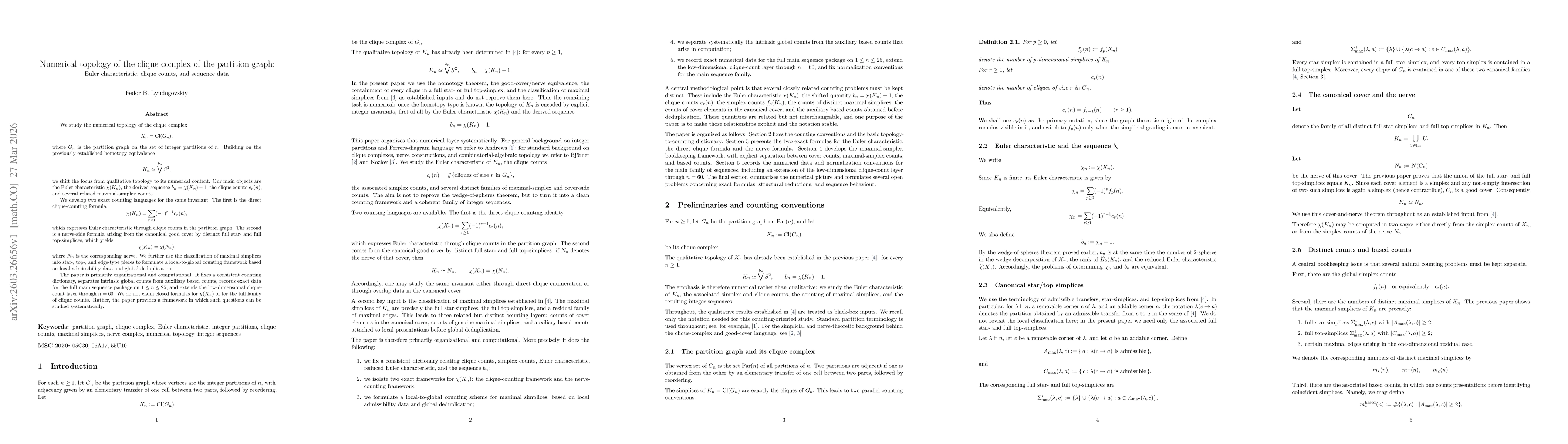 Thumbnail for Numerical topology of the clique complex of the partition graph: Euler characteristic, clique counts, and sequence data