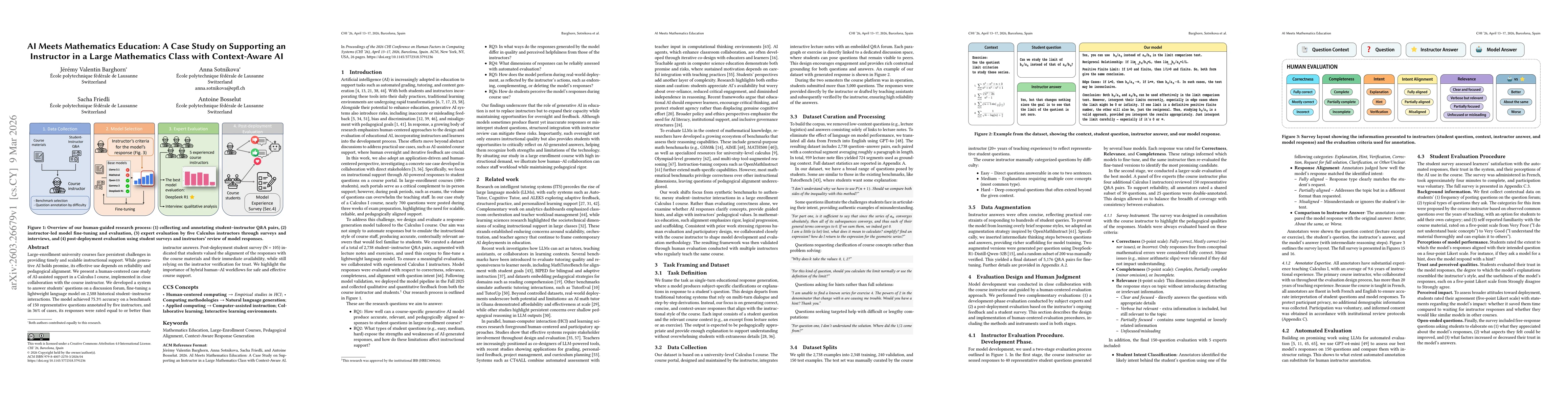 Thumbnail for AI Meets Mathematics Education: A Case Study on Supporting an Instructor in a Large Mathematics Class with Context-Aware AI