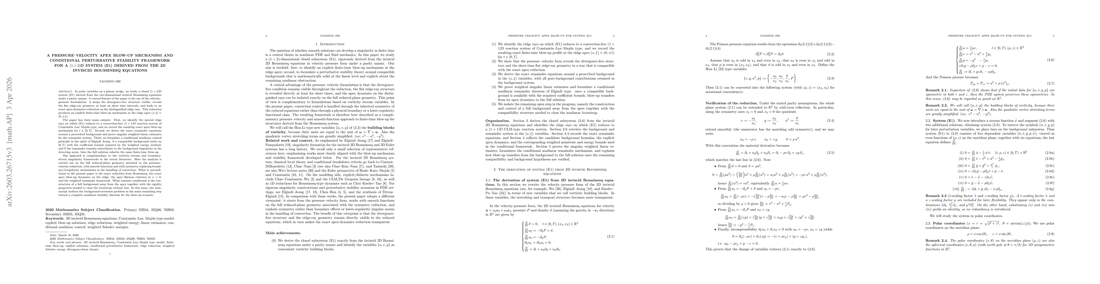 Thumbnail for Closed-form finite-time blow-up and stability for a $(1+2)$D system (E1) derived from the 2D inviscid Boussinesq equations