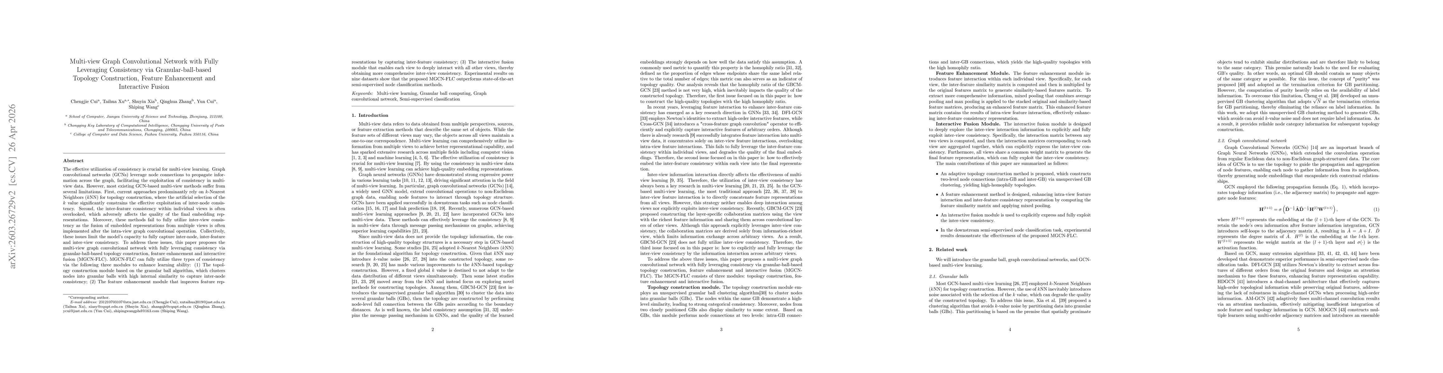 Thumbnail for Multi-view Graph Convolutional Network with Fully Leveraging Consistency via Granular-ball-based Topology Construction, Feature Enhancement and Interactive Fusion