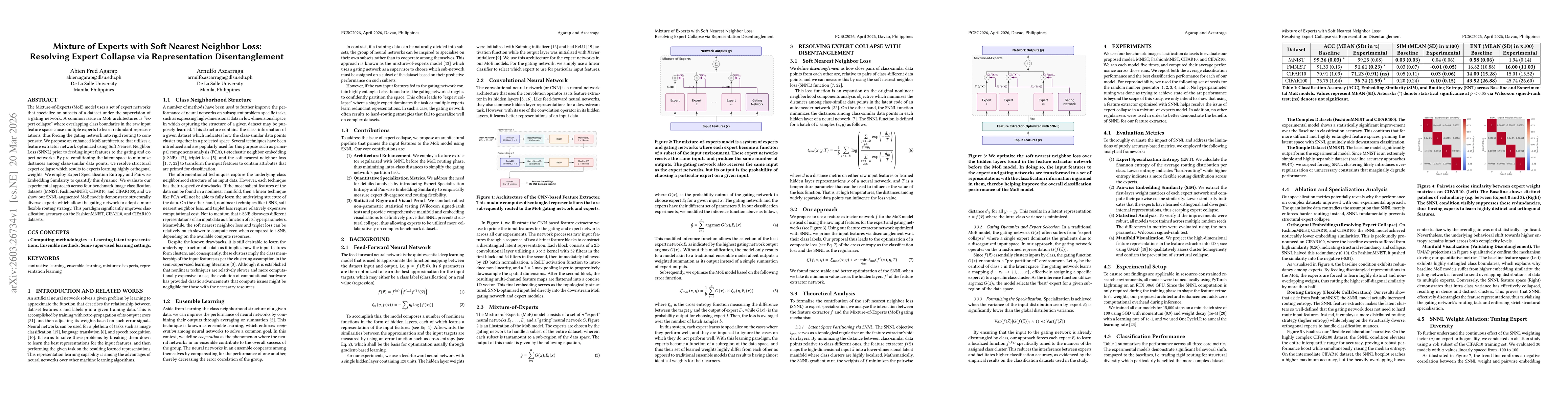 Thumbnail for Mixture of Experts with Soft Nearest Neighbor Loss: Resolving Expert Collapse via Representation Disentanglement