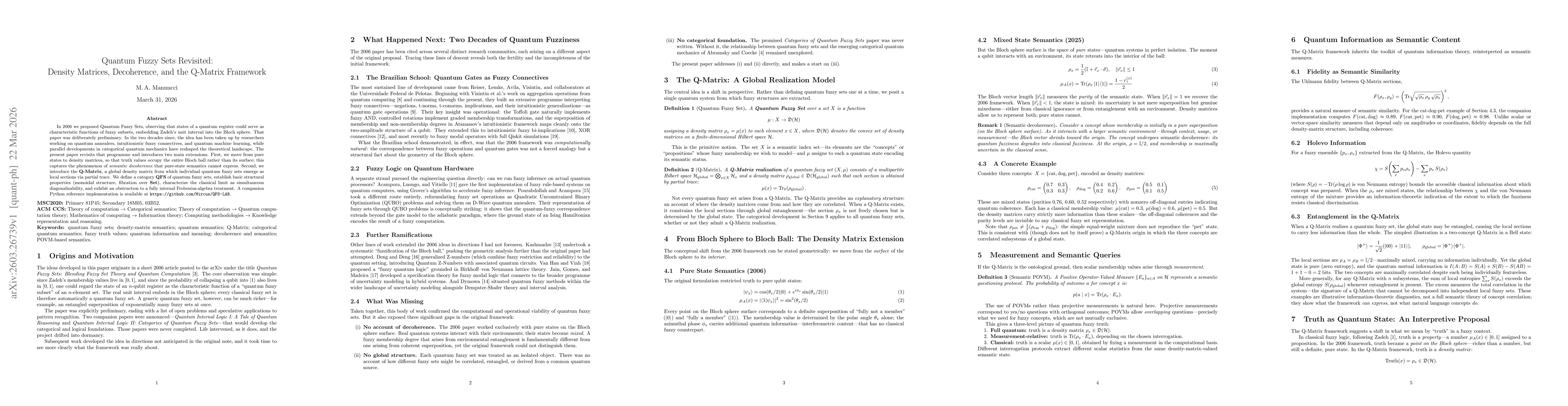 Thumbnail for Quantum Fuzzy Sets Revisited: Density Matrices, Decoherence, and the Q-Matrix Framework