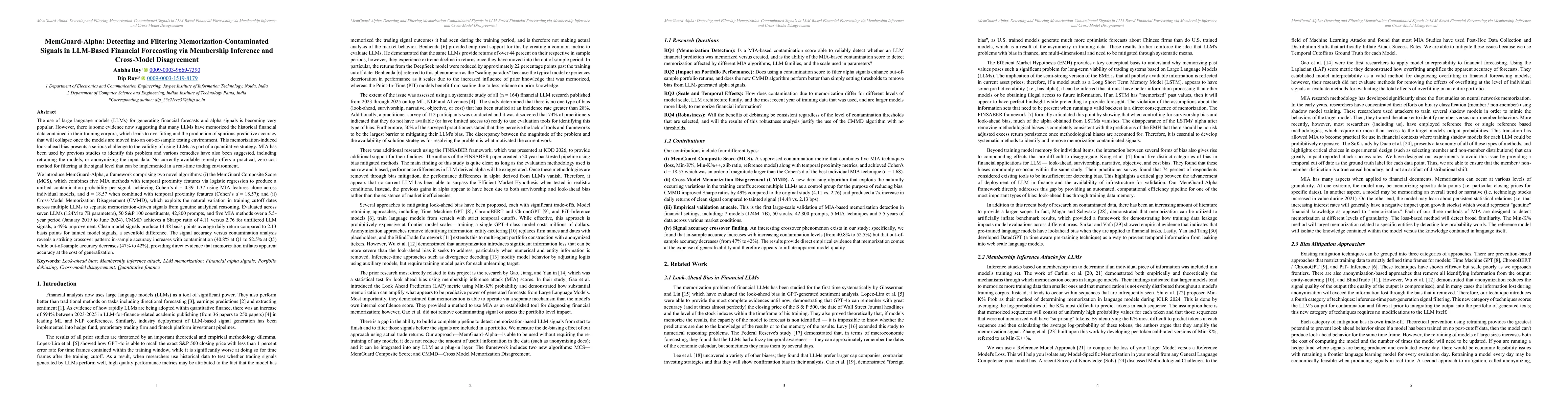 Thumbnail for MemGuard-Alpha: Detecting and Filtering Memorization-Contaminated Signals in LLM-Based Financial Forecasting via Membership Inference and Cross-Model Disagreement