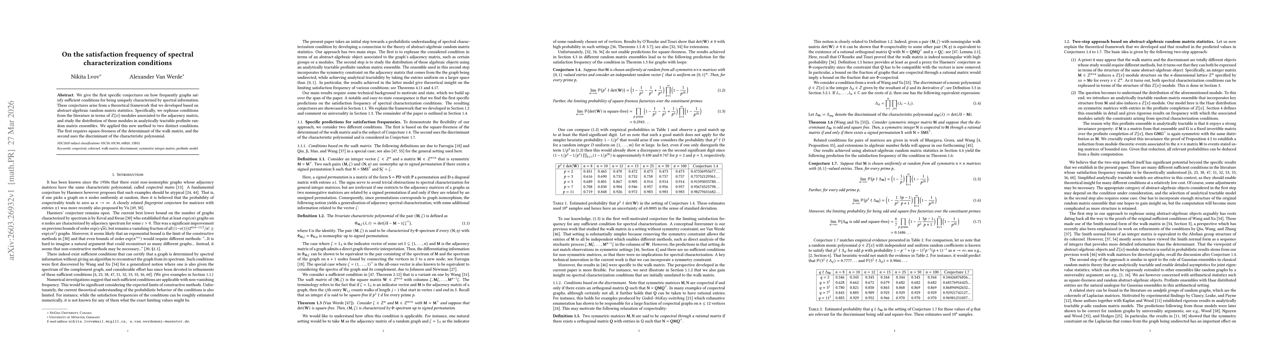 Thumbnail for On the satisfaction frequency of spectral characterization conditions