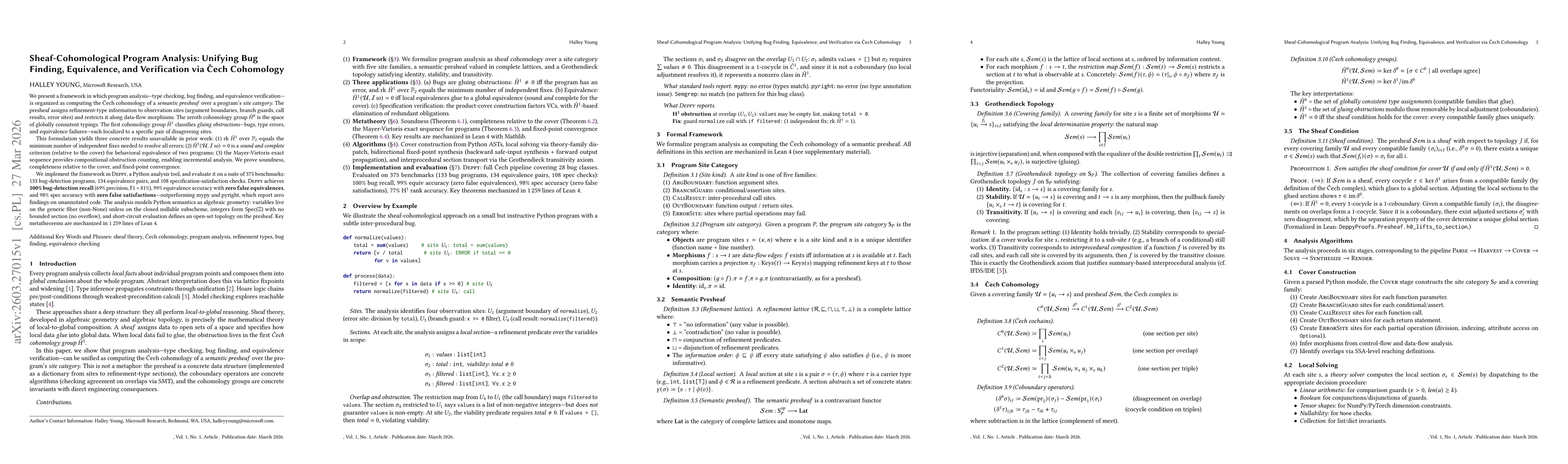 Thumbnail for Sheaf-Cohomological Program Analysis: Unifying Bug Finding, Equivalence, and Verification via Čech Cohomology