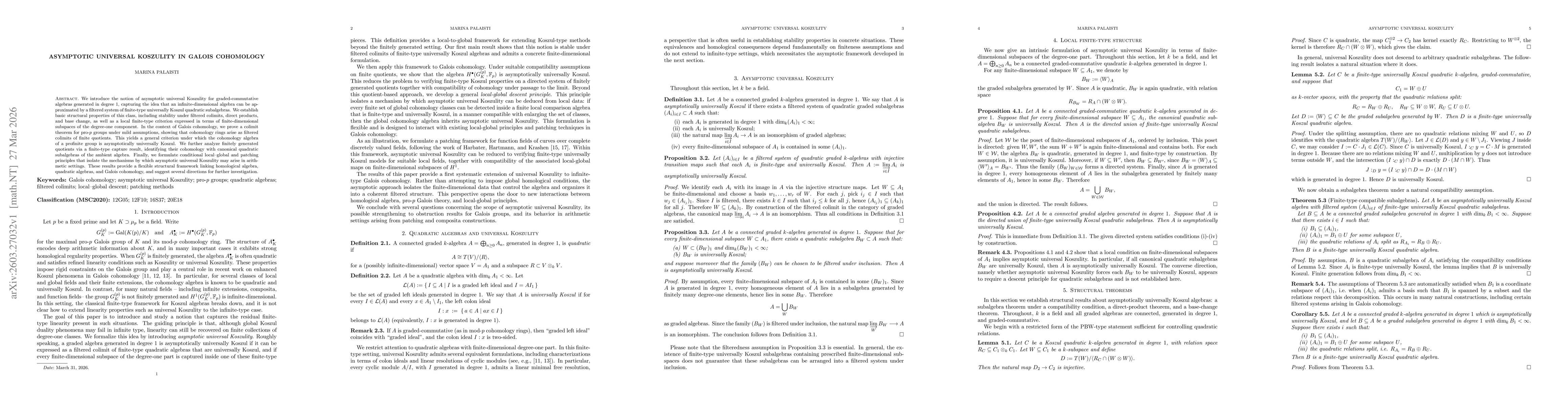 Thumbnail for Asymptotic Universal Koszulity in Galois Cohomology