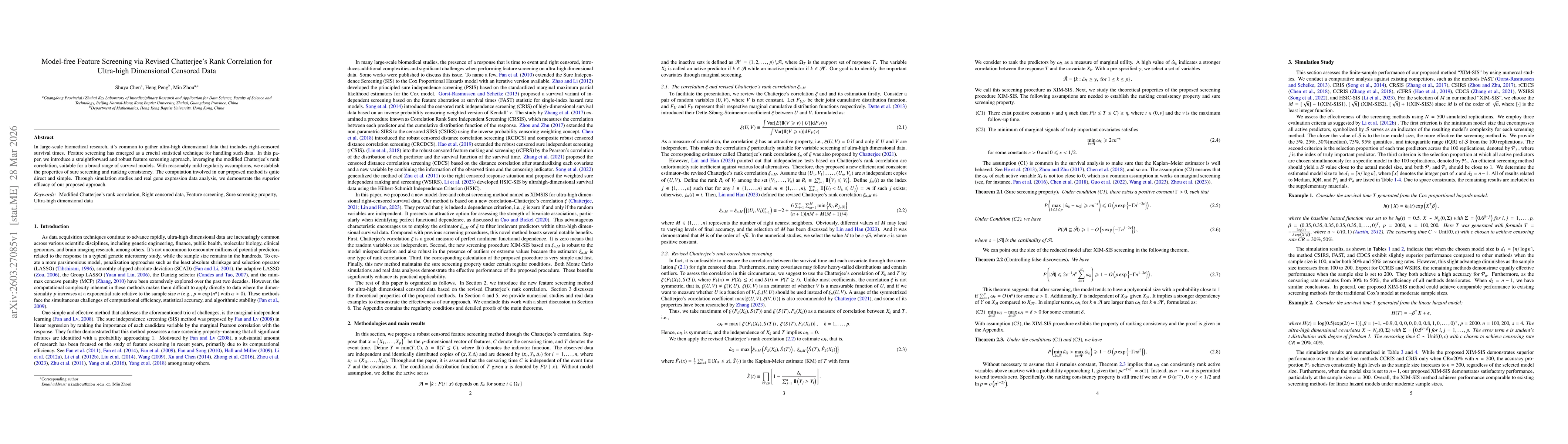 Thumbnail for Model-free Feature Screening via Revised Chatterjee's Rank Correlation for Ultra-high Dimensional Censored Data