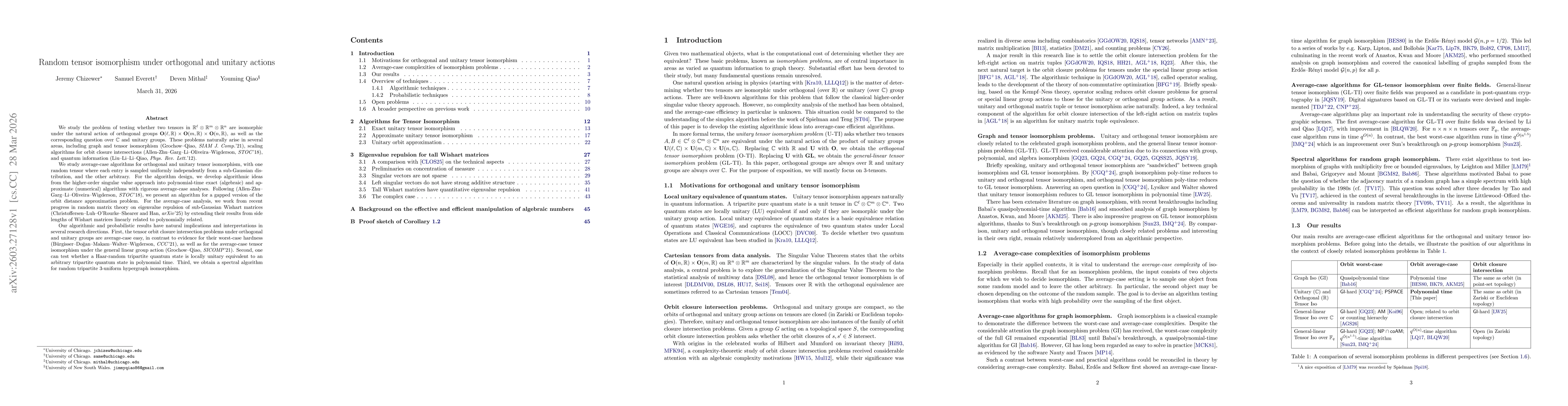 Thumbnail for Random tensor isomorphism under orthogonal and unitary actions