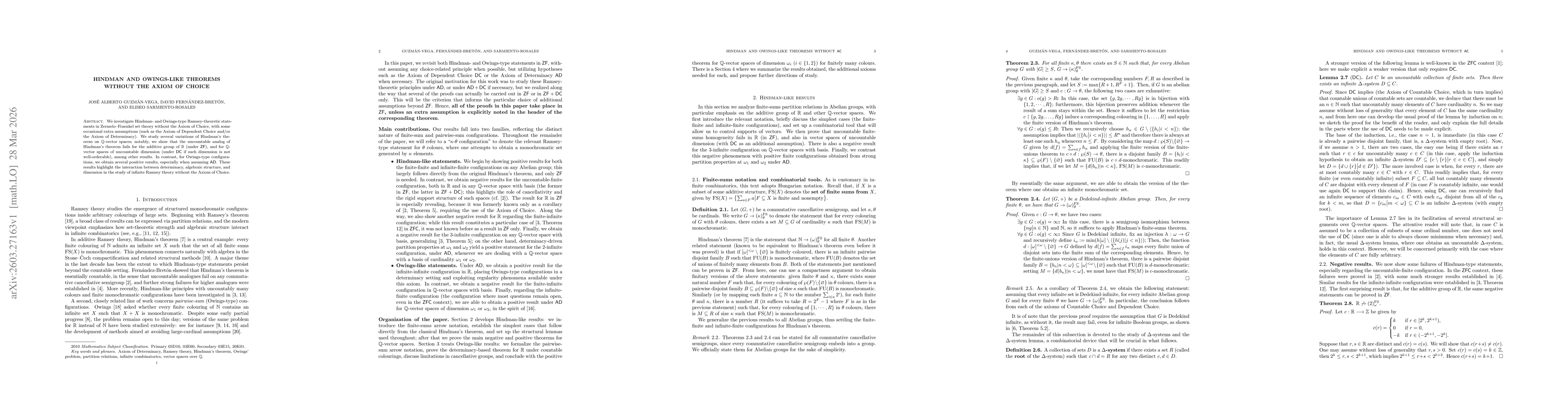 Thumbnail for Hindman and Owings-like theorems without the Axiom of Choice