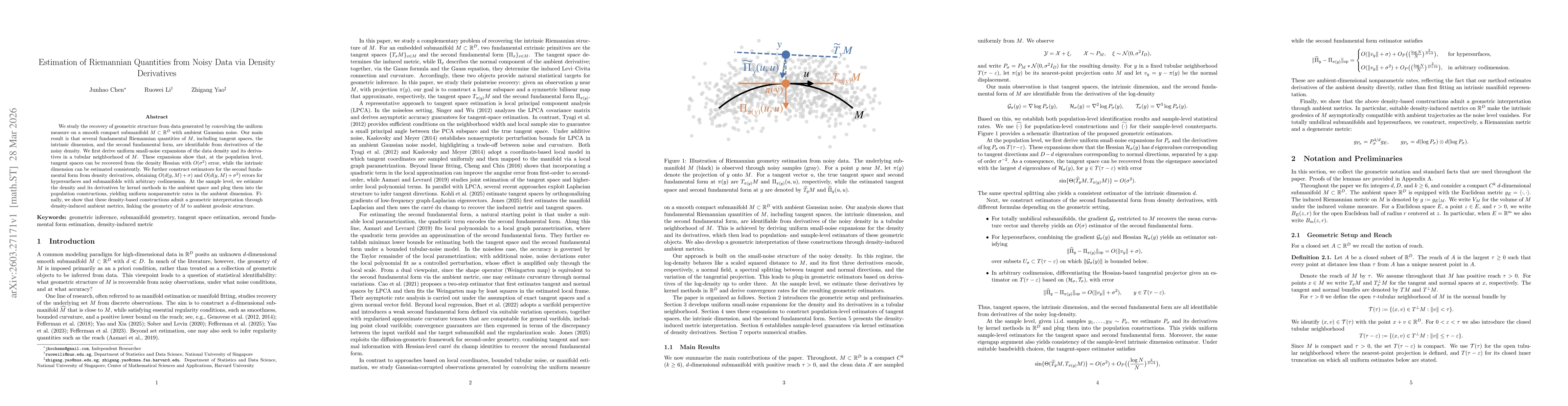 Thumbnail for Estimation of Riemannian Quantities from Noisy Data via Density Derivatives