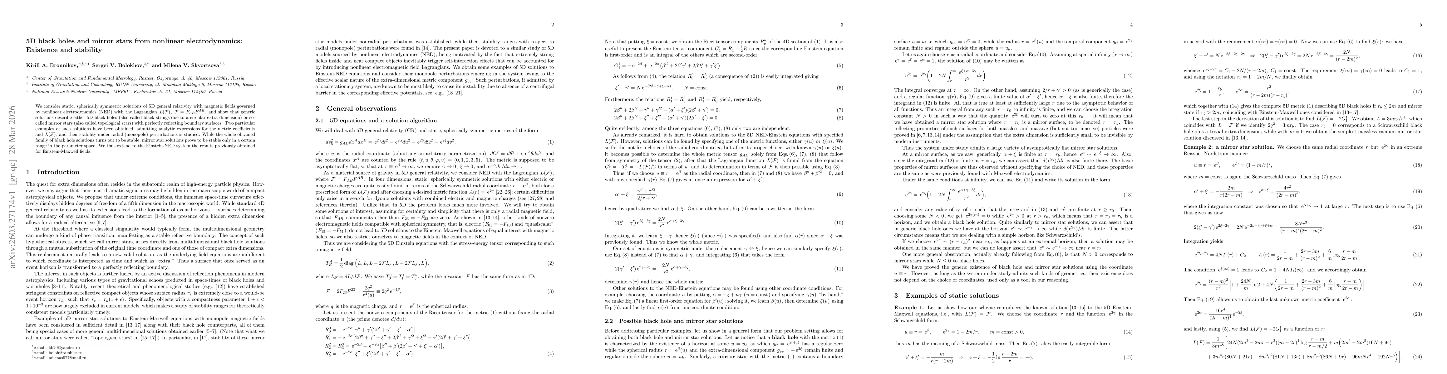 Thumbnail for 5D black holes and mirror stars from nonlinear electrodynamics: Existence and stability