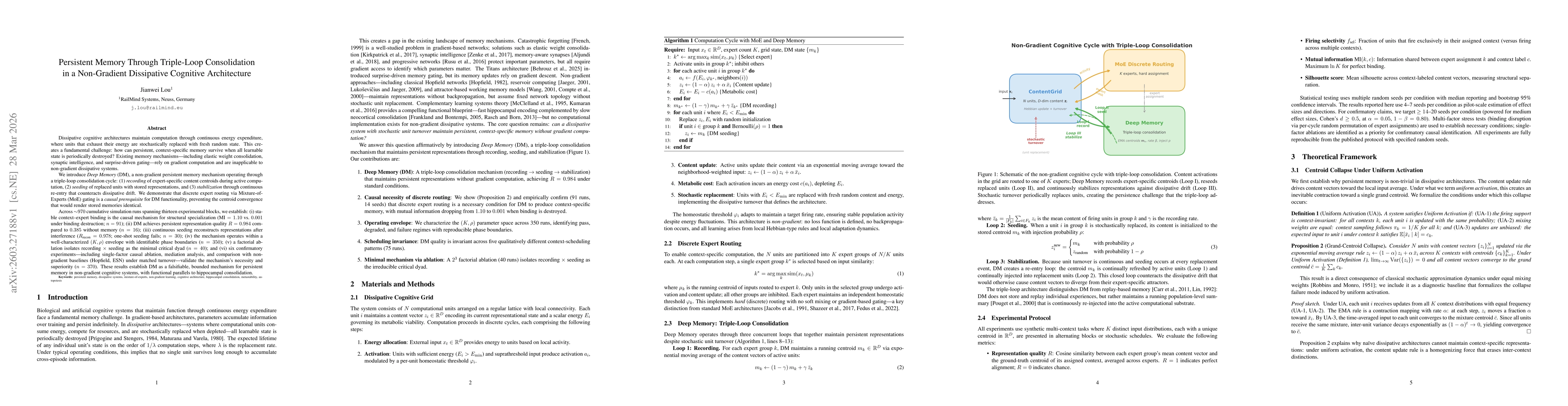 Thumbnail for Persistent Memory Through Triple-Loop Consolidation in a Non-Gradient Dissipative Cognitive Architecture