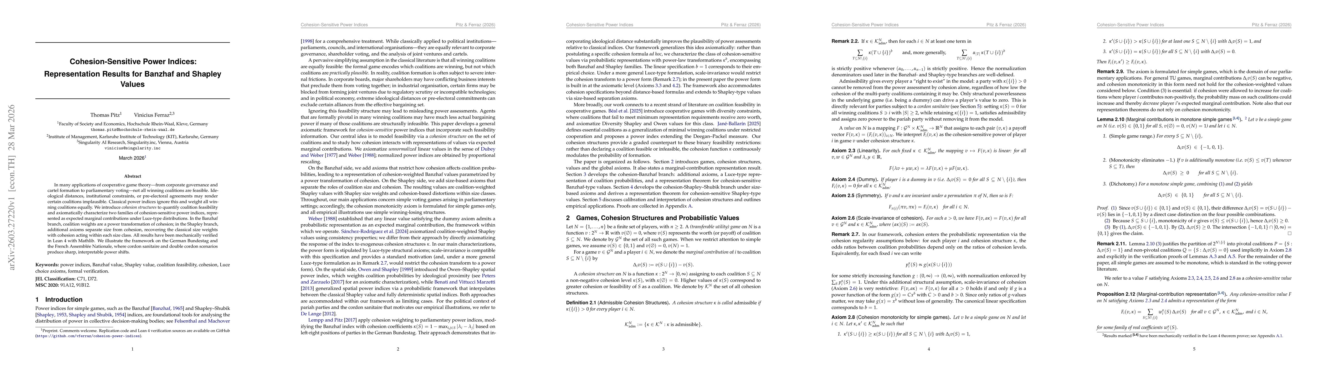 Thumbnail for Cohesion-Sensitive Power Indices: Representation Results for Banzhaf and Shapley Values