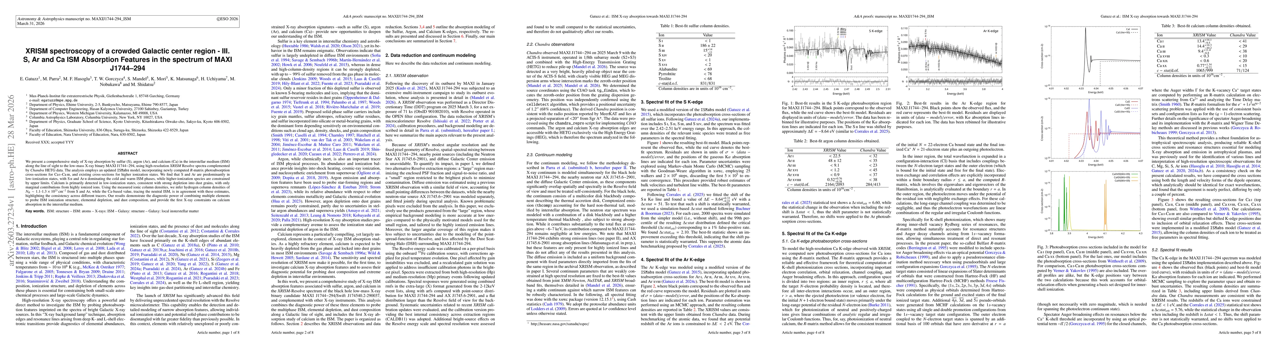 Thumbnail for XRISM spectroscopy of a crowded Galactic center region -- III. S, Ar and Ca ISM Absorption Features in the spectrum of MAXI J1744-294